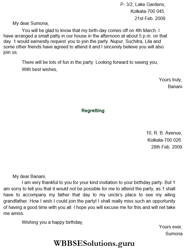 WBBSE Solutions For Class 8 English Writing Skills Letter Writing Specimen Letter Birthday Party
